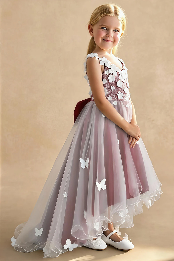 Akaks Eria Burgundy Flower Girl Dress A-Line V-Neck Lace Tulle Asymmetrical Hem Sleeveless 3D White Flowers Dress Image473824