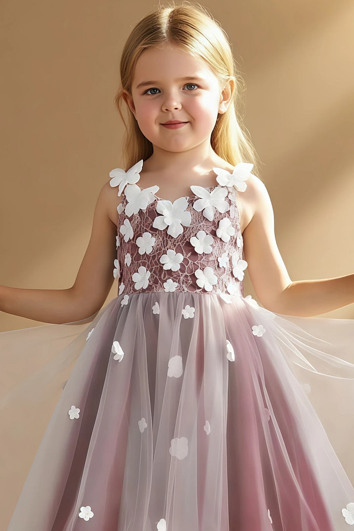 Akaks Eria Burgundy Flower Girl Dress A-Line V-Neck Lace Tulle Asymmetrical Hem Sleeveless 3D White Flowers Dress Image757256