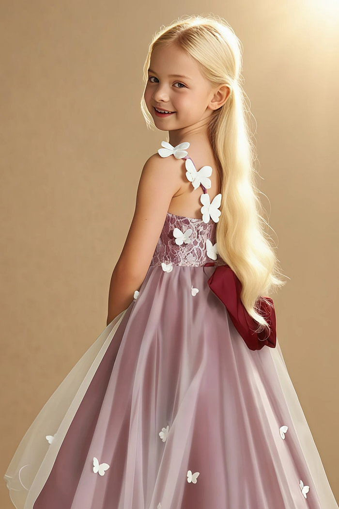 Akaks Eria Burgundy Flower Girl Dress A-Line V-Neck Lace Tulle Asymmetrical Hem Sleeveless 3D White Flowers Dress Image884956