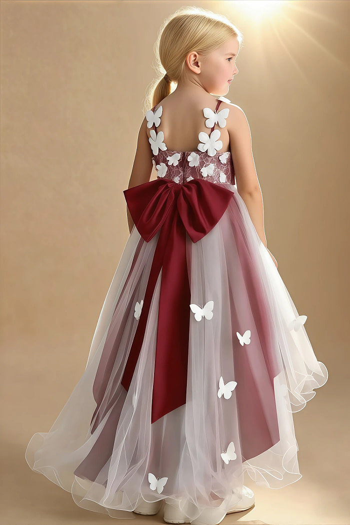 Akaks Eria Burgundy Flower Girl Dress A-Line V-Neck Lace Tulle Asymmetrical Hem Sleeveless 3D White Flowers Dress Image885017