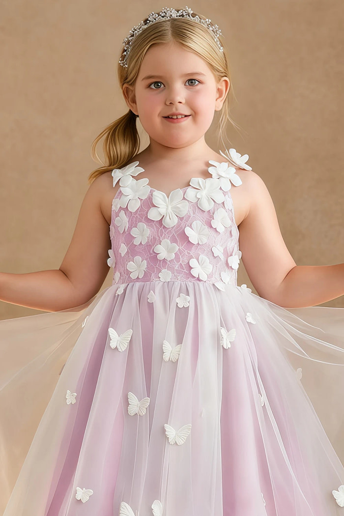 Akaks Eria Candy Pink Flower Girl Dress A-Line V-Neck Lace Tulle Asymmetrical Hem Sleeveless 3D White Flowers Dress Image786460