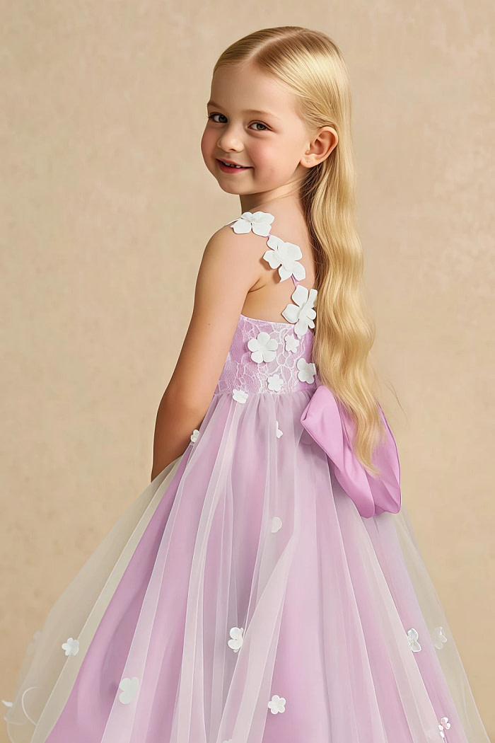 Akaks Eria Candy Pink Flower Girl Dress A-Line V-Neck Lace Tulle Asymmetrical Hem Sleeveless 3D White Flowers Dress Image958299