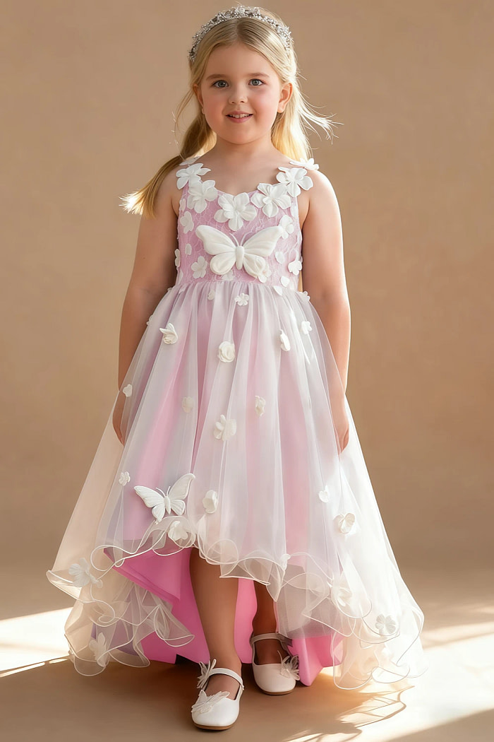 Akaks Eria Candy Pink Flower Girl Dress A-Line V-Neck Lace Tulle Asymmetrical Hem Sleeveless 3D White Flowers Dress Image997890