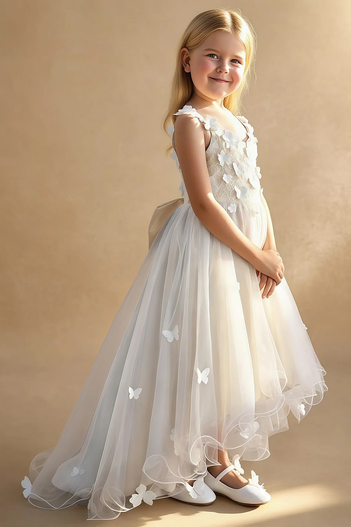 Akaks Eria Champagne Flower Girl Dress A-Line V-Neck Lace Tulle Asymmetrical Hem Sleeveless 3D White Flowers Dress Image666368