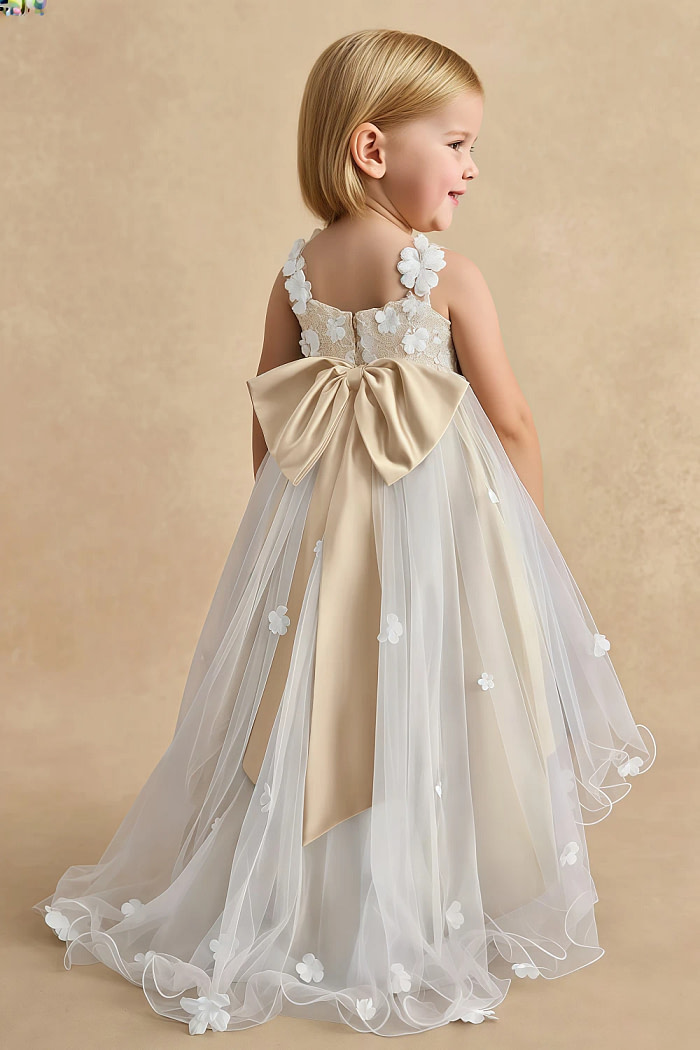 Akaks Eria Champagne Flower Girl Dress A-Line V-Neck Lace Tulle Asymmetrical Hem Sleeveless 3D White Flowers Dress Image848382