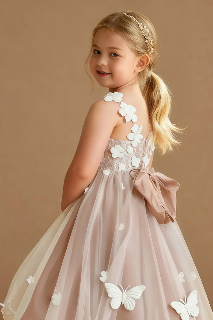 Akaks Eria Champagne Rose Flower Girl Dress A-Line V-Neck Lace Tulle Asymmetrical Hem Sleeveless 3D White Flowers Dress Image545927