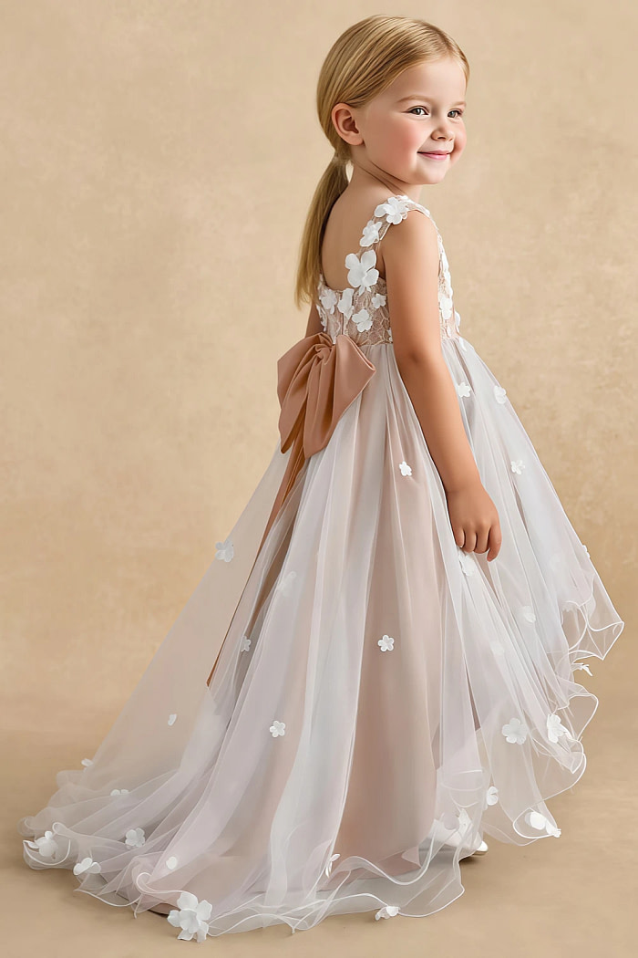Akaks Eria Champagne Rose Flower Girl Dress A-Line V-Neck Lace Tulle Asymmetrical Hem Sleeveless 3D White Flowers Dress Image792707