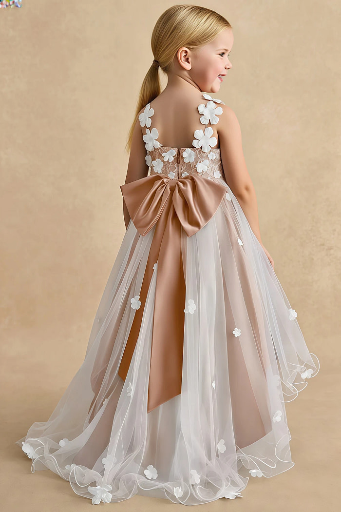 Akaks Eria Champagne Rose Flower Girl Dress A-Line V-Neck Lace Tulle Asymmetrical Hem Sleeveless 3D White Flowers Dress Image818695