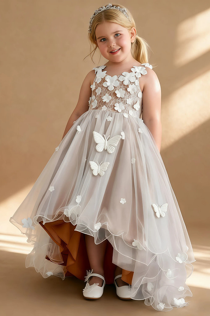 Akaks Eria Champagne Rose Flower Girl Dress A-Line V-Neck Lace Tulle Asymmetrical Hem Sleeveless 3D White Flowers Dress Image954054
