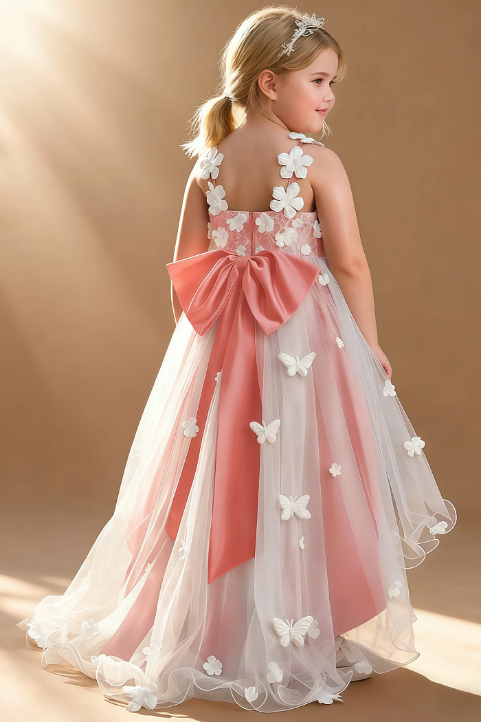 Akaks Eria Coral Flower Girl Dress A-Line V-Neck Lace Tulle Asymmetrical Hem Sleeveless 3D White Flowers Dress Image170305