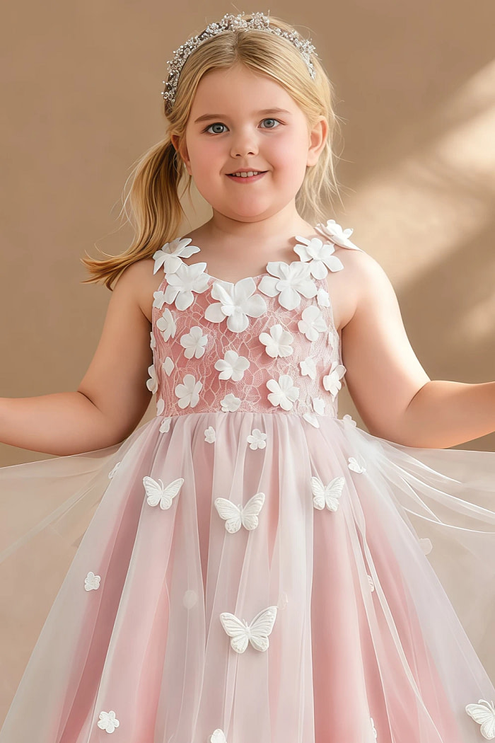 Akaks Eria Coral Flower Girl Dress A-Line V-Neck Lace Tulle Asymmetrical Hem Sleeveless 3D White Flowers Dress Image525341