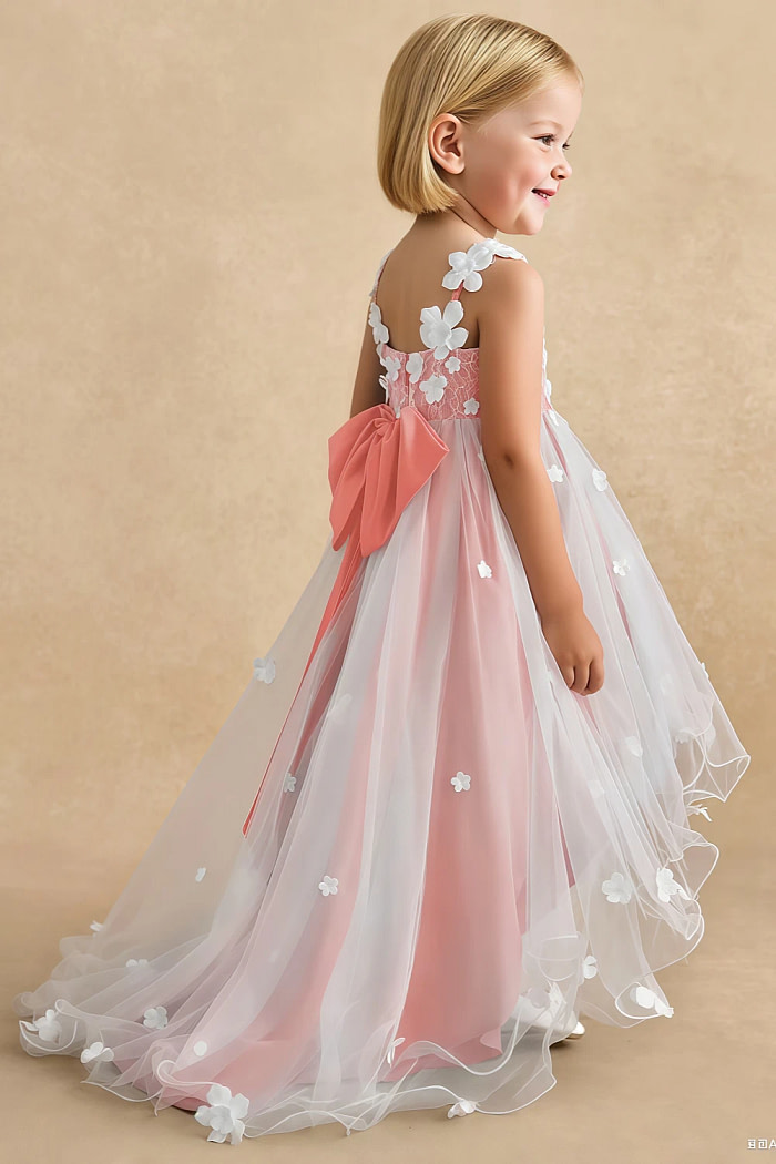 Akaks Eria Coral Flower Girl Dress A-Line V-Neck Lace Tulle Asymmetrical Hem Sleeveless 3D White Flowers Dress Image625636