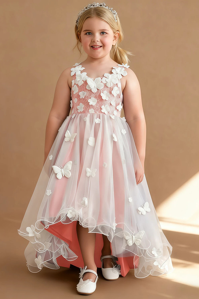 Akaks Eria Coral Flower Girl Dress A-Line V-Neck Lace Tulle Asymmetrical Hem Sleeveless 3D White Flowers Dress Image697606