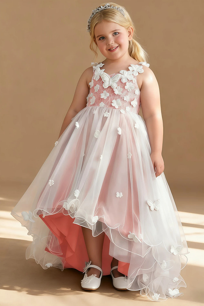 Akaks Eria Coral Flower Girl Dress A-Line V-Neck Lace Tulle Asymmetrical Hem Sleeveless 3D White Flowers Dress Image777078