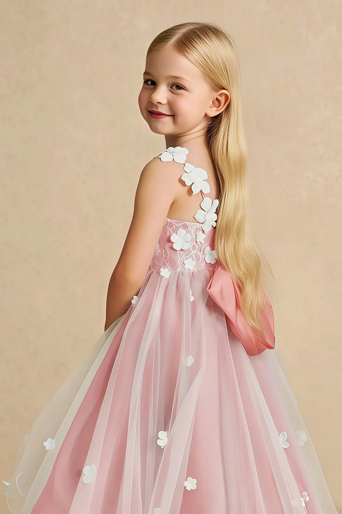 Akaks Eria Coral Flower Girl Dress A-Line V-Neck Lace Tulle Asymmetrical Hem Sleeveless 3D White Flowers Dress Image855608