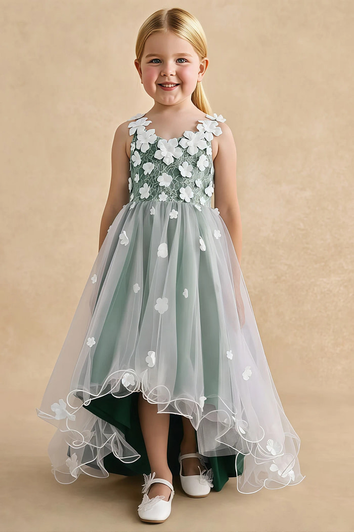 Akaks Eria Dark Green Flower Girl Dress A-Line Lace Tulle Asymmetrical Hem Sleeveless V-Neck 3D White Flowers Dress Image132162