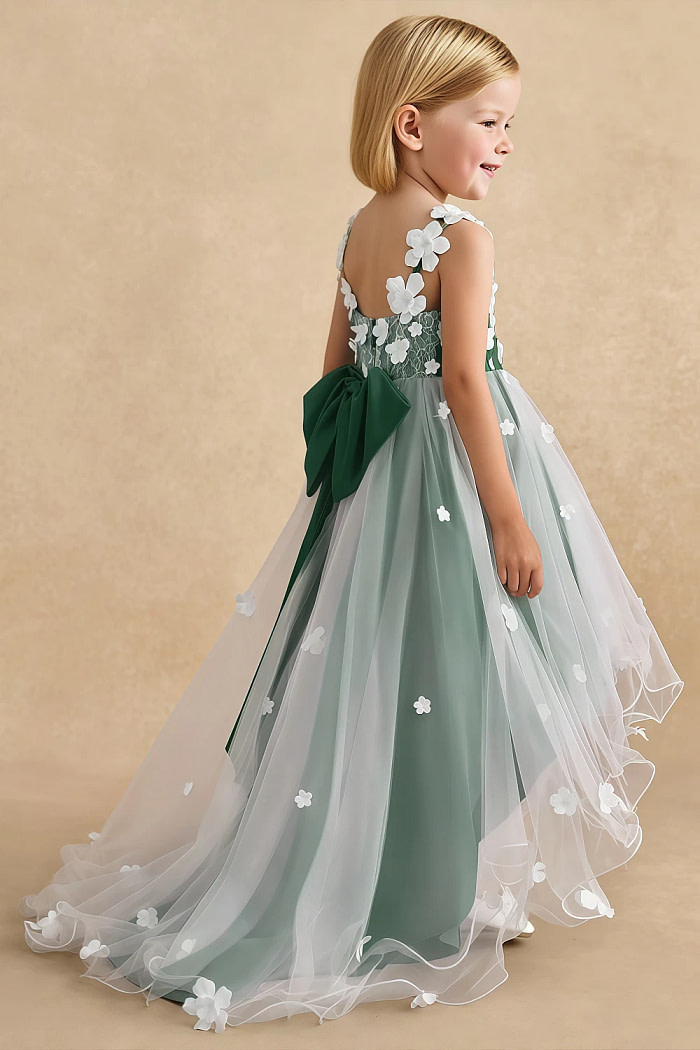 Akaks Eria Dark Green Flower Girl Dress A-Line Lace Tulle Asymmetrical Hem Sleeveless V-Neck 3D White Flowers Dress Image324845