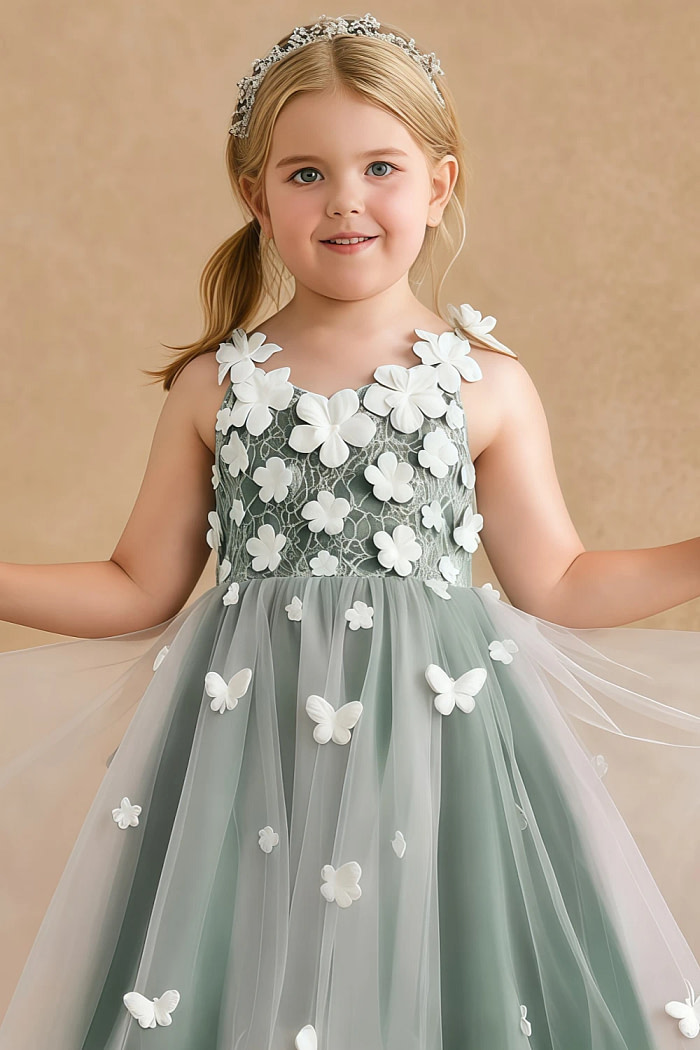 Akaks Eria Dark Green Flower Girl Dress A-Line Lace Tulle Asymmetrical Hem Sleeveless V-Neck 3D White Flowers Dress Image329782