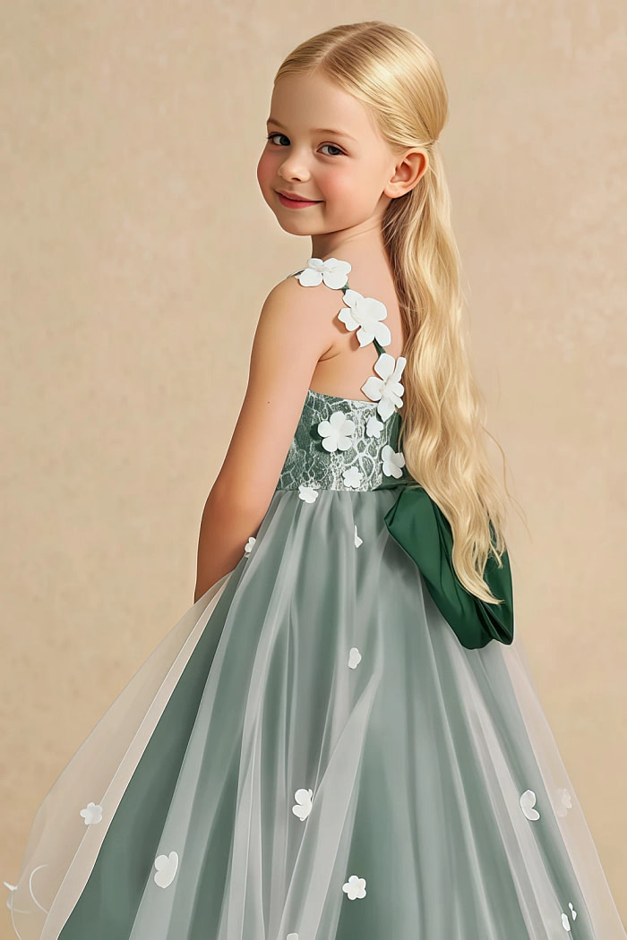 Akaks Eria Dark Green Flower Girl Dress A-Line Lace Tulle Asymmetrical Hem Sleeveless V-Neck 3D White Flowers Dress Image434704