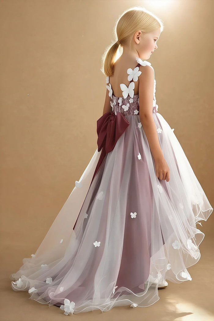 Akaks Eria Desert Rose Flower Girl Dress A-Line V-Neck Lace Tulle Asymmetrical Hem Sleeveless 3D White Flowers Dress Image100346