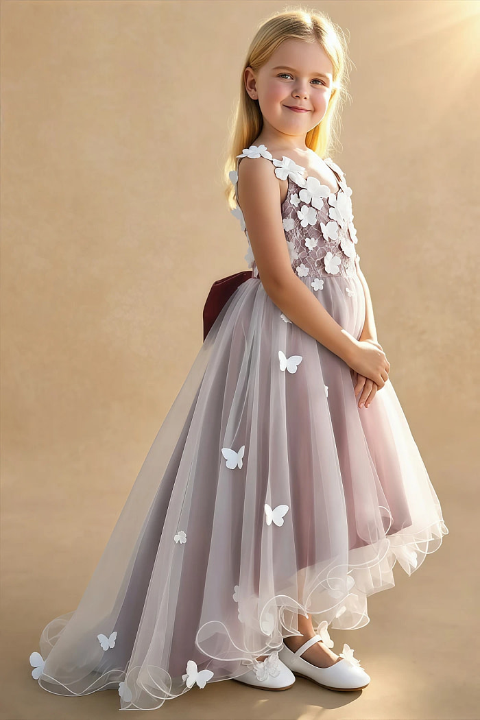 Akaks Eria Desert Rose Flower Girl Dress A-Line V-Neck Lace Tulle Asymmetrical Hem Sleeveless 3D White Flowers Dress Image156482