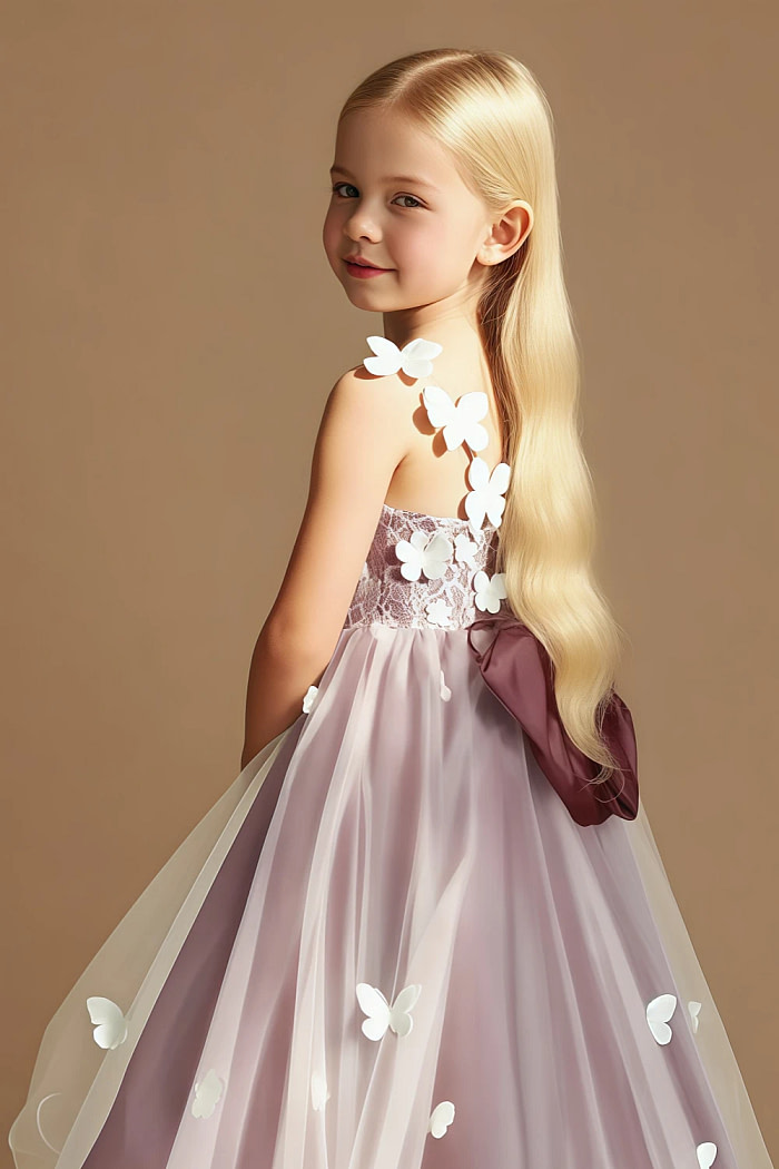 Akaks Eria Desert Rose Flower Girl Dress A-Line V-Neck Lace Tulle Asymmetrical Hem Sleeveless 3D White Flowers Dress Image428490