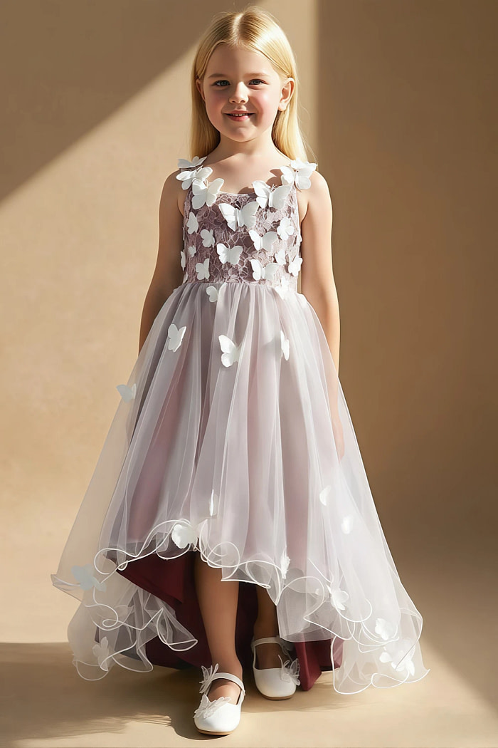 Akaks Eria Desert Rose Flower Girl Dress A-Line V-Neck Lace Tulle Asymmetrical Hem Sleeveless 3D White Flowers Dress Image623011