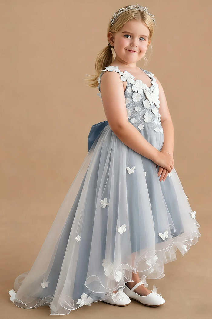 Akaks Eria Dusty Blue Flower Girl Dress A-Line V-Neck Lace Tulle Asymmetrical Hem Sleeveless 3D White Flowers Dress Image235693