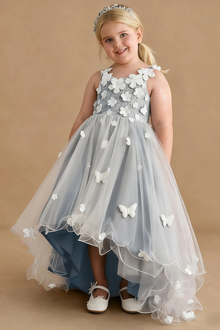 Akaks Eria Dusty Blue Flower Girl Dress A-Line V-Neck Lace Tulle Asymmetrical Hem Sleeveless 3D White Flowers Dress Image865521