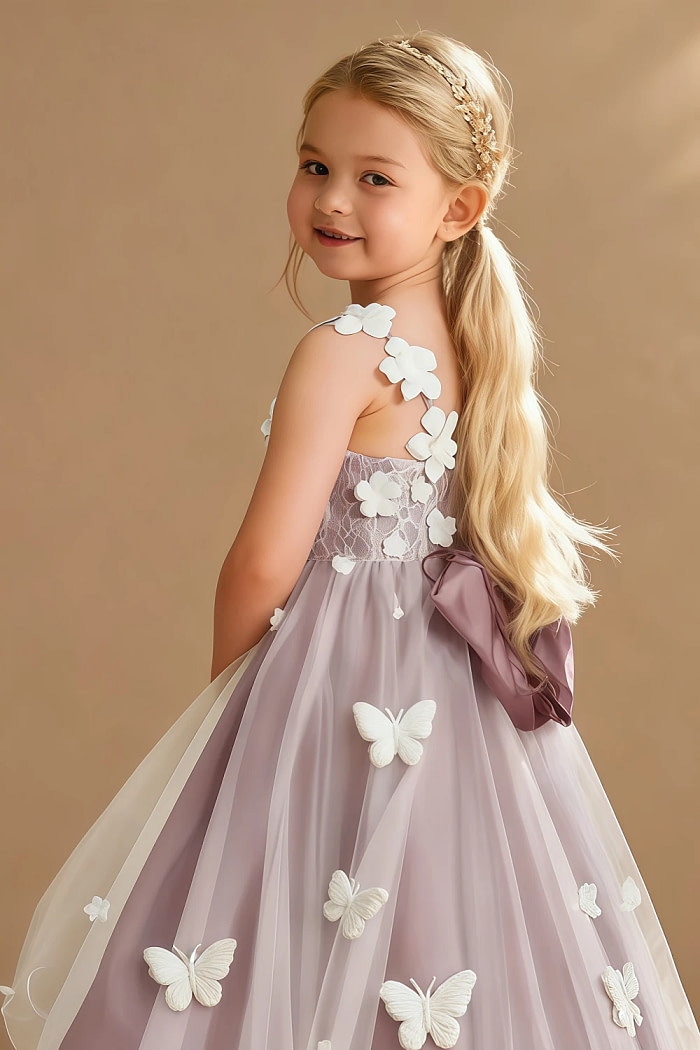 Akaks Eria Dusty Rose Flower Girl Dress A-Line V-Neck Lace Tulle Asymmetrical Hem Sleeveless 3D White Flowers Dress Image742599