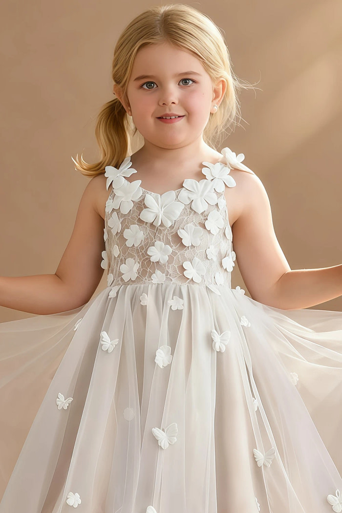Akaks Eria English Rose Flower Girl Dress A-Line V-Neck Lace Tulle Asymmetrical Hem Sleeveless 3D White Flowers Dress Image111419