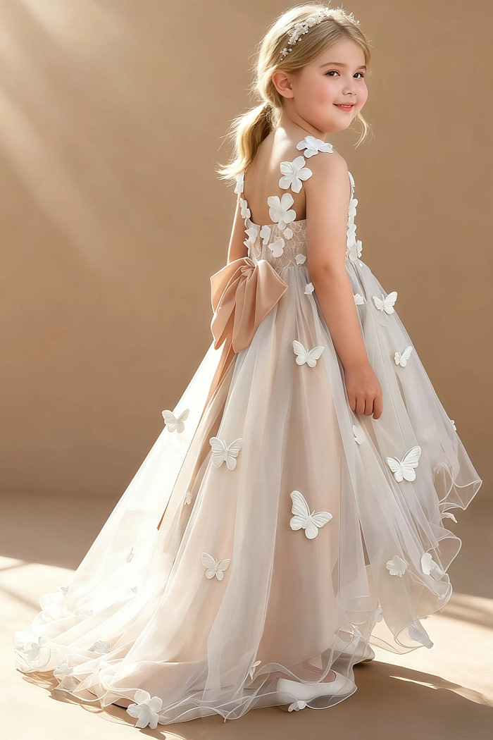 Akaks Eria English Rose Flower Girl Dress A-Line V-Neck Lace Tulle Asymmetrical Hem Sleeveless 3D White Flowers Dress Image198398