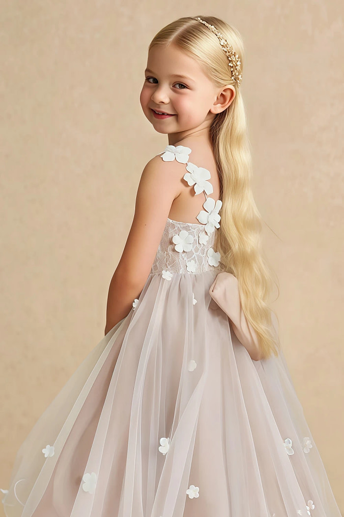 Akaks Eria English Rose Flower Girl Dress A-Line V-Neck Lace Tulle Asymmetrical Hem Sleeveless 3D White Flowers Dress Image870872