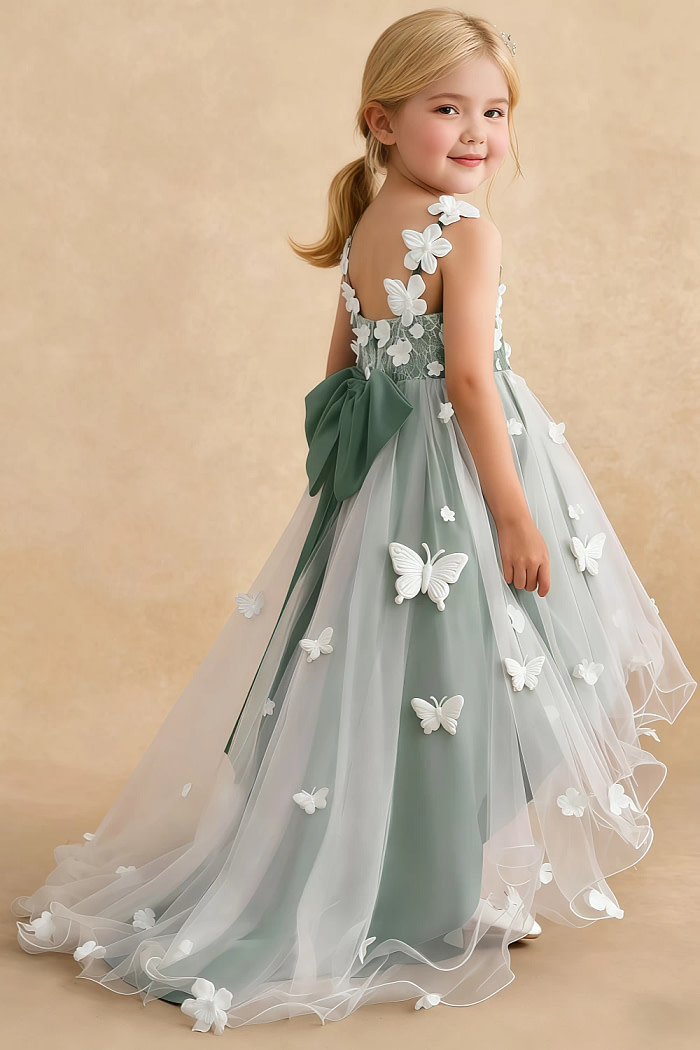 Akaks Eria Eucalyptus Flower Girl Dress A-Line Lace Tulle Asymmetrical Hem Sleeveless V-Neck 3D White Flowers Dress Image304459