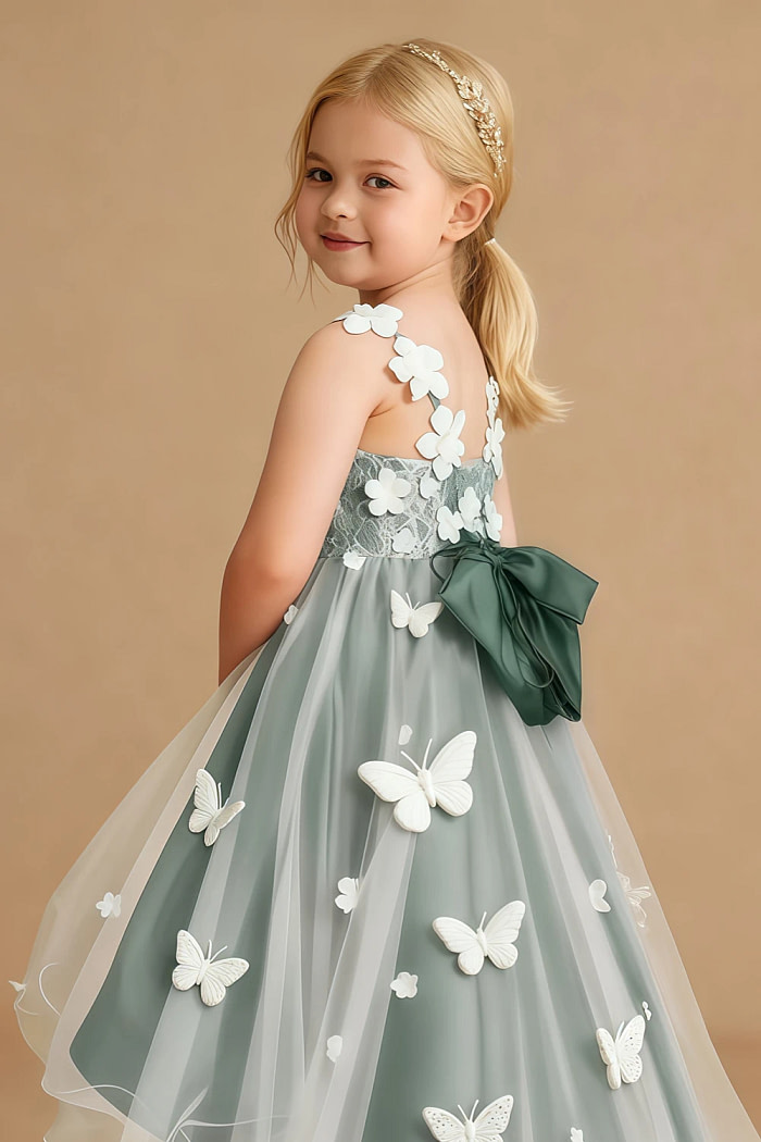 Akaks Eria Eucalyptus Flower Girl Dress A-Line Lace Tulle Asymmetrical Hem Sleeveless V-Neck 3D White Flowers Dress Image462351