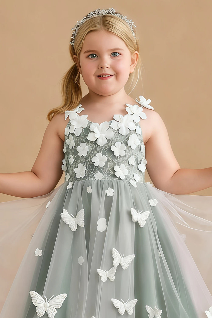 Akaks Eria Eucalyptus Flower Girl Dress A-Line Lace Tulle Asymmetrical Hem Sleeveless V-Neck 3D White Flowers Dress Image538449