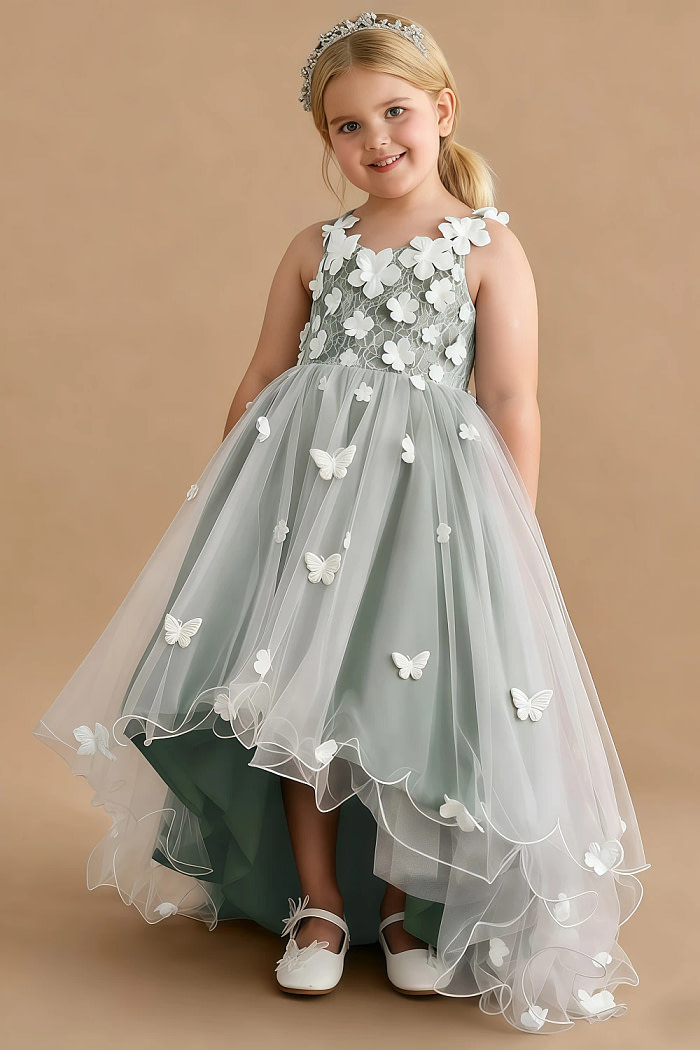 Akaks Eria Eucalyptus Flower Girl Dress A-Line Lace Tulle Asymmetrical Hem Sleeveless V-Neck 3D White Flowers Dress Image730681
