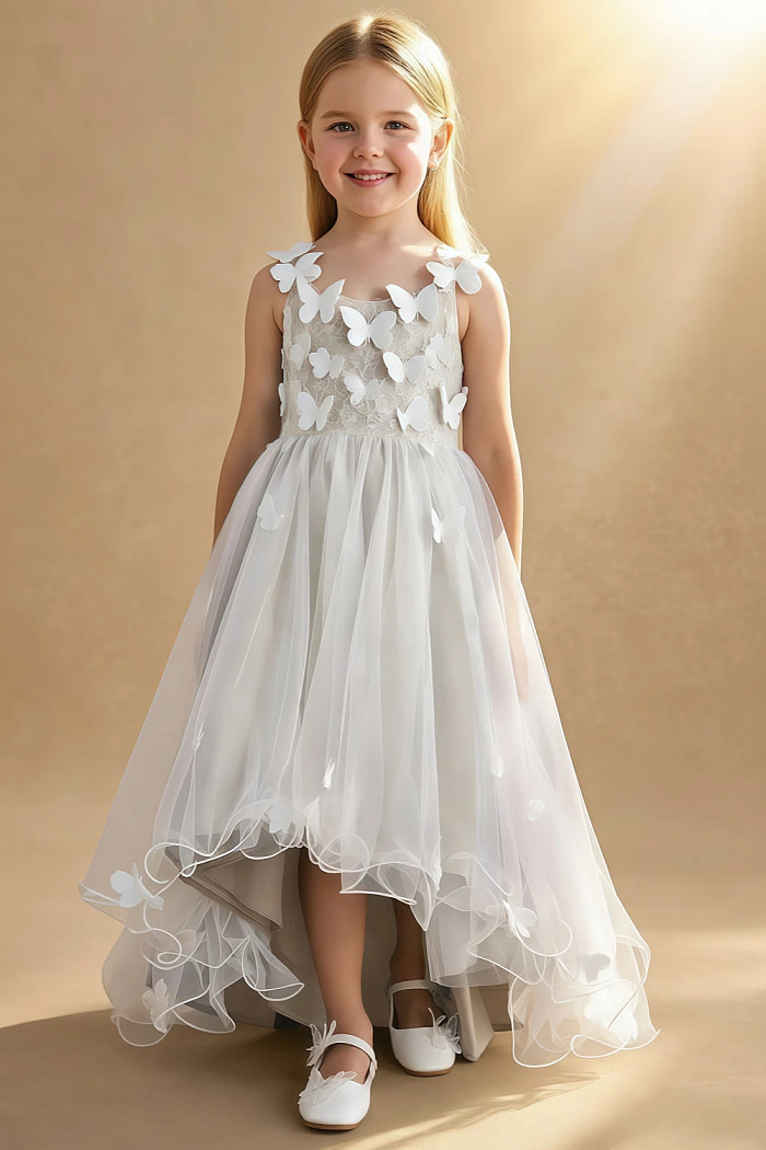 Akaks Eria Frost Flower Girl Dress A-Line V-Neck Lace Tulle Asymmetrical Hem Sleeveless 3D White Flowers Dress Image351684