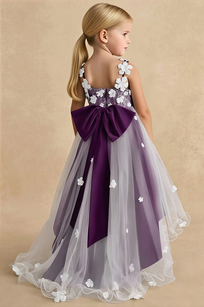 Akaks Eria Grape Flower Girl Dress A-Line V-Neck Lace Tulle Asymmetrical Hem Sleeveless 3D White Flowers Dress Image279119