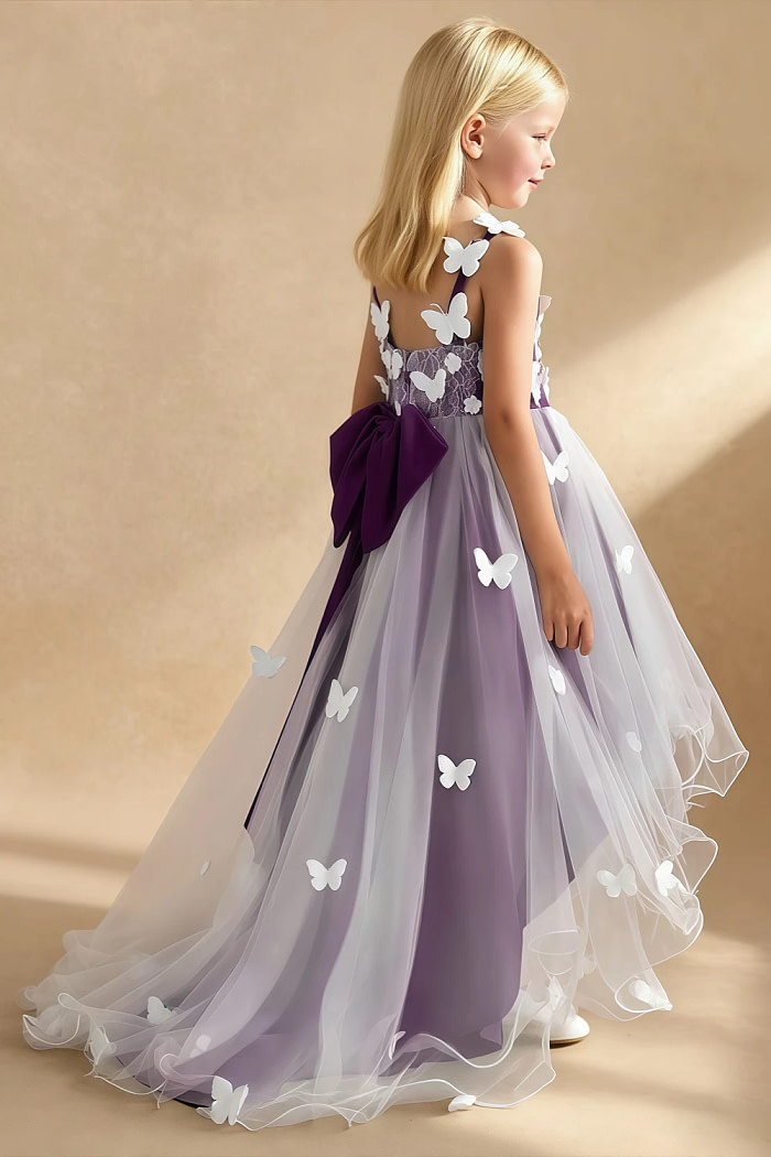 Akaks Eria Grape Flower Girl Dress A-Line V-Neck Lace Tulle Asymmetrical Hem Sleeveless 3D White Flowers Dress Image621843