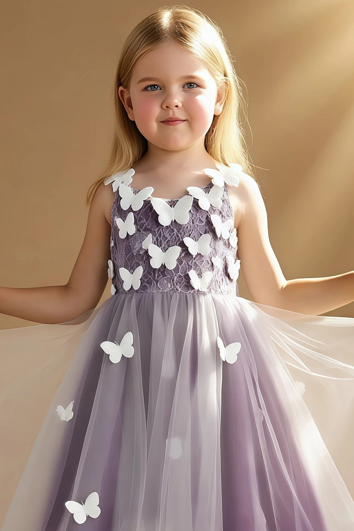 Akaks Eria Grape Flower Girl Dress A-Line V-Neck Lace Tulle Asymmetrical Hem Sleeveless 3D White Flowers Dress Image633134