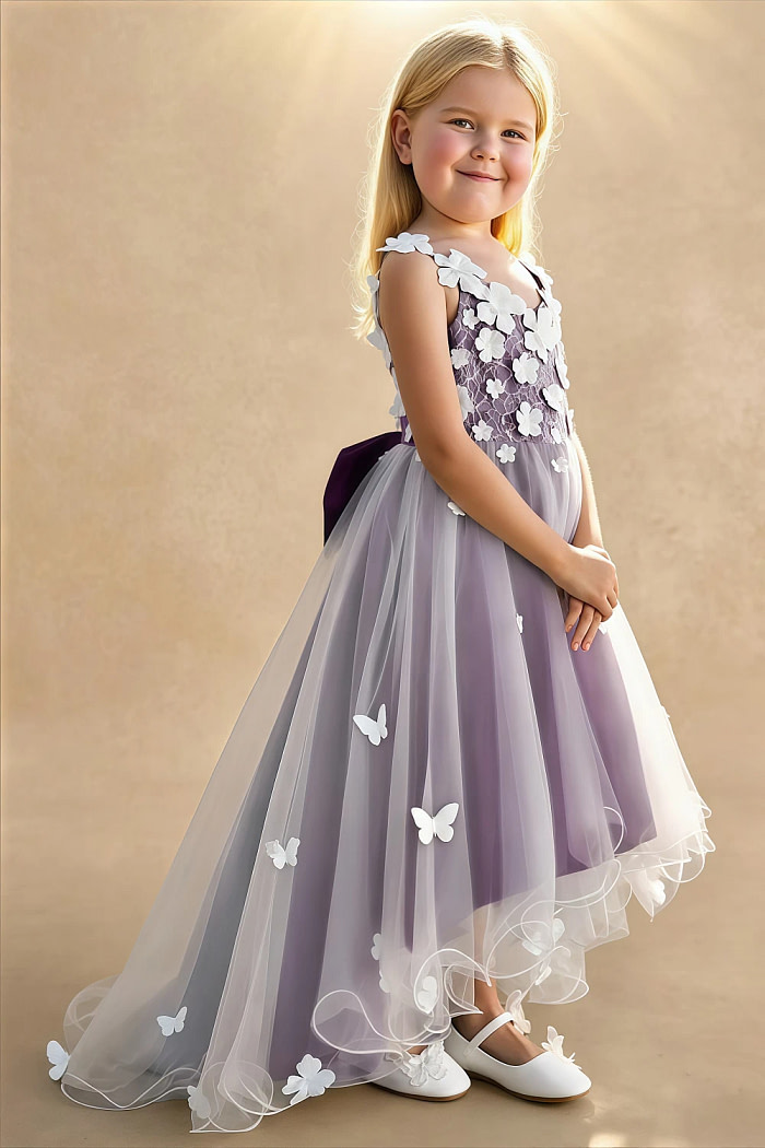 Akaks Eria Grape Flower Girl Dress A-Line V-Neck Lace Tulle Asymmetrical Hem Sleeveless 3D White Flowers Dress Image946991