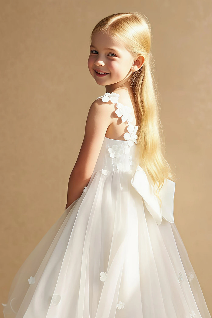 Akaks Eria Ivory Flower Girl Dress A-Line V-Neck Lace Tulle Asymmetrical Hem Sleeveless 3D White Flowers Dress Image211212