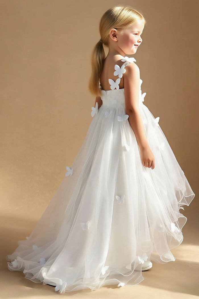 Akaks Eria Ivory Flower Girl Dress A-Line V-Neck Lace Tulle Asymmetrical Hem Sleeveless 3D White Flowers Dress Image528154