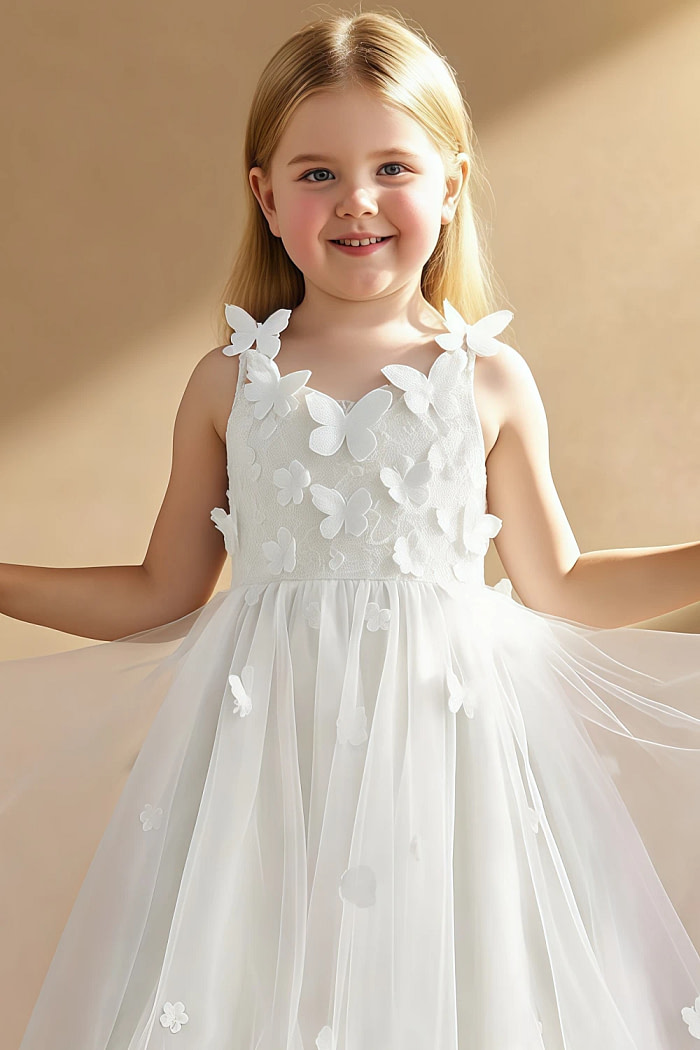 Akaks Eria Ivory Flower Girl Dress A-Line V-Neck Lace Tulle Asymmetrical Hem Sleeveless 3D White Flowers Dress Image885986