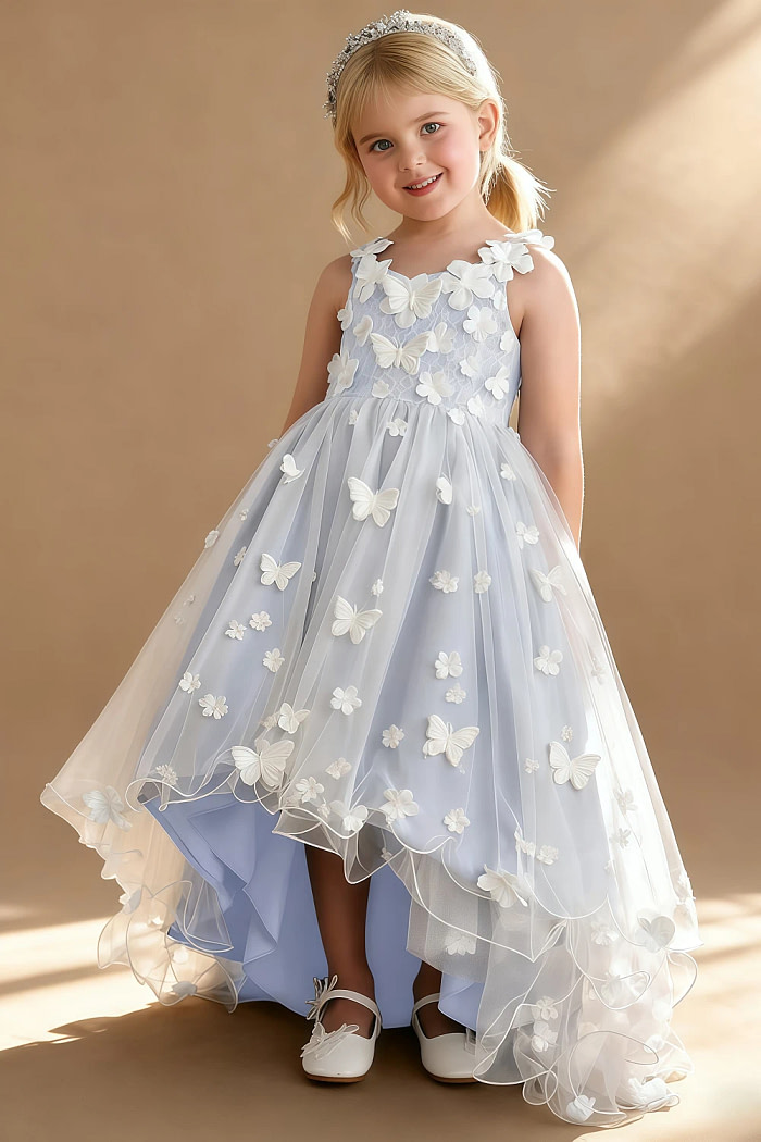 Akaks Eria Lavender Flower Girl Dress A-Line V-Neck Lace Tulle Asymmetrical Hem Sleeveless 3D White Flowers Dress Image116188