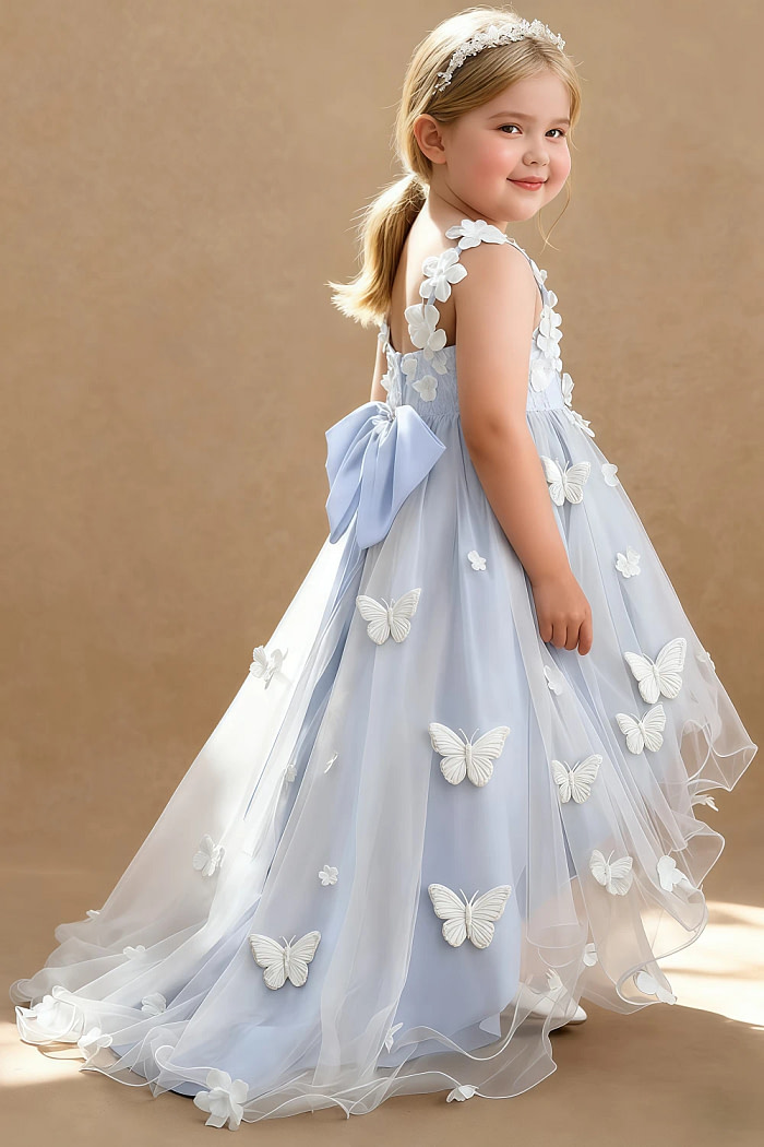 Akaks Eria Lavender Flower Girl Dress A-Line V-Neck Lace Tulle Asymmetrical Hem Sleeveless 3D White Flowers Dress Image149387
