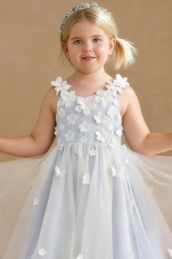 Akaks Eria Lavender Flower Girl Dress A-Line V-Neck Lace Tulle Asymmetrical Hem Sleeveless 3D White Flowers Dress Image358438