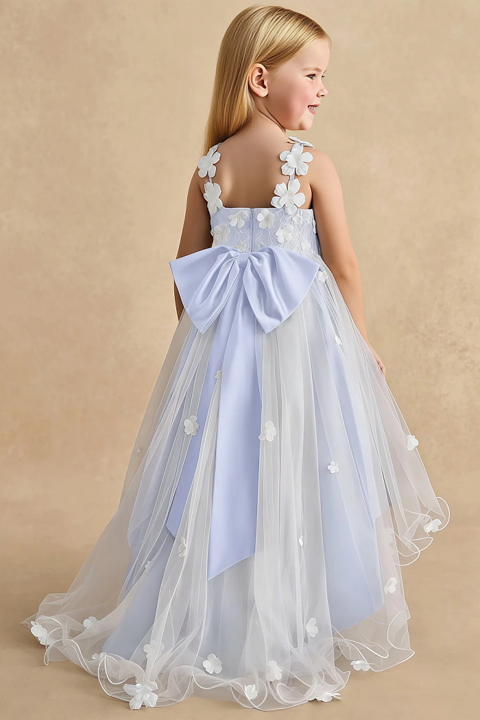 Akaks Eria Lavender Flower Girl Dress A-Line V-Neck Lace Tulle Asymmetrical Hem Sleeveless 3D White Flowers Dress Image680243