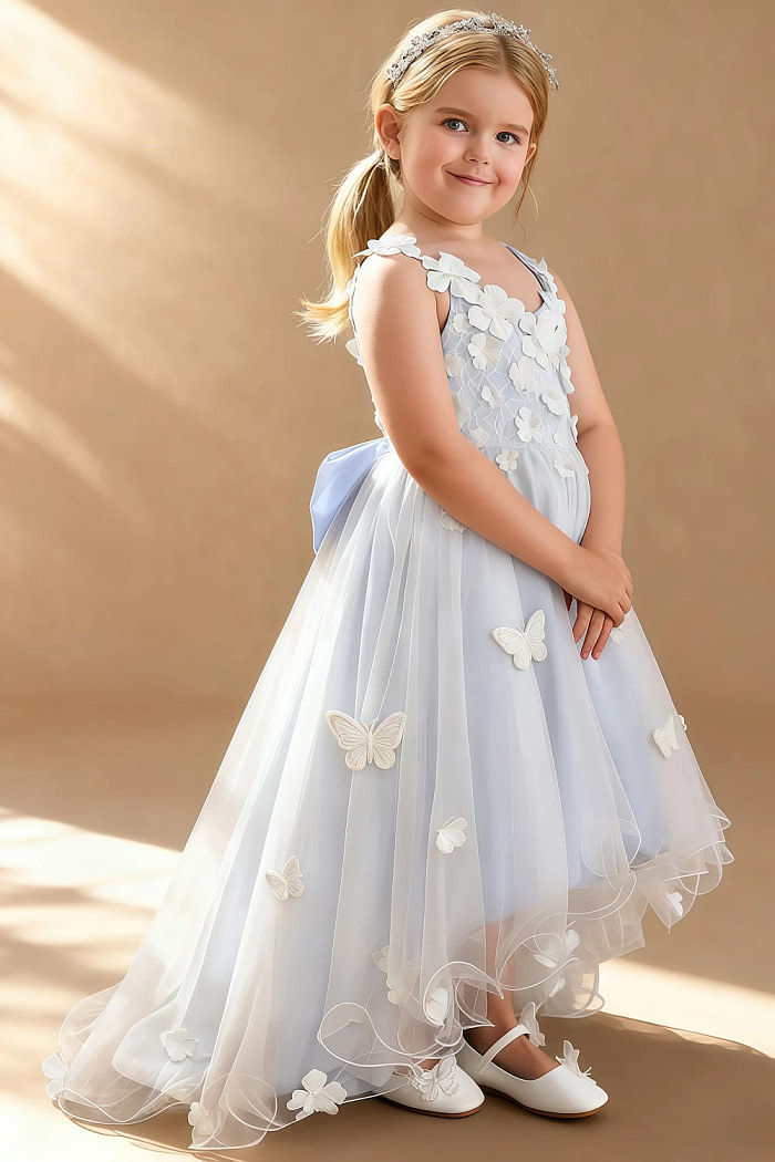 Akaks Eria Lavender Flower Girl Dress A-Line V-Neck Lace Tulle Asymmetrical Hem Sleeveless 3D White Flowers Dress Image875195